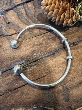 Authentic Pandora Open Bangle Charm Bracelet Smooth Silver End Caps Medium Sz 2